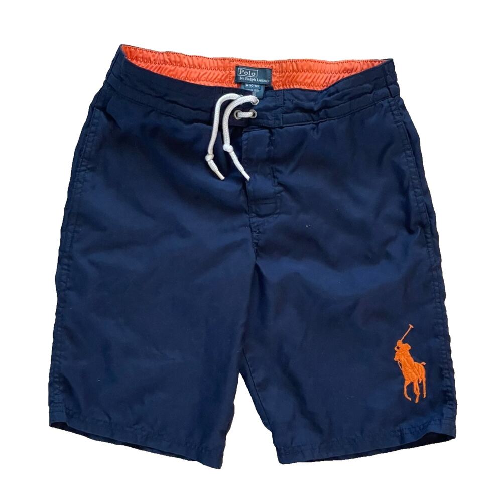 Polo Ralph Lauren Boys Blue Orange Big Pony Swim Trunks Size M 10-12 Drawstring